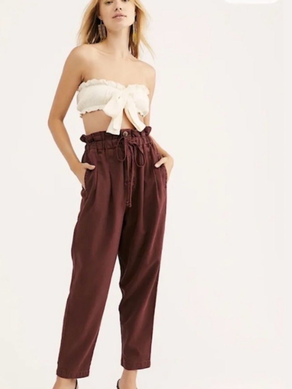 Free People NWOT Margate Pleated Paperbag Waist Burgundy Drawstring Pants, XS
